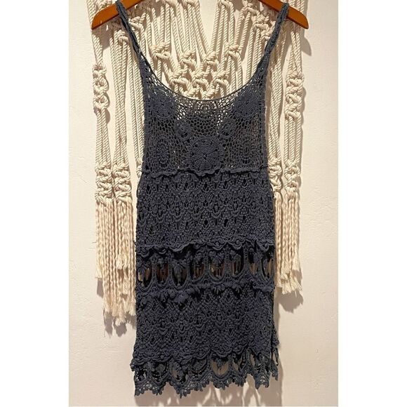 Crochet Tank Top SZ SM Blue Open Knit Festival Boho Indie Hippie Swim Cover Up - Picture 4 of 7